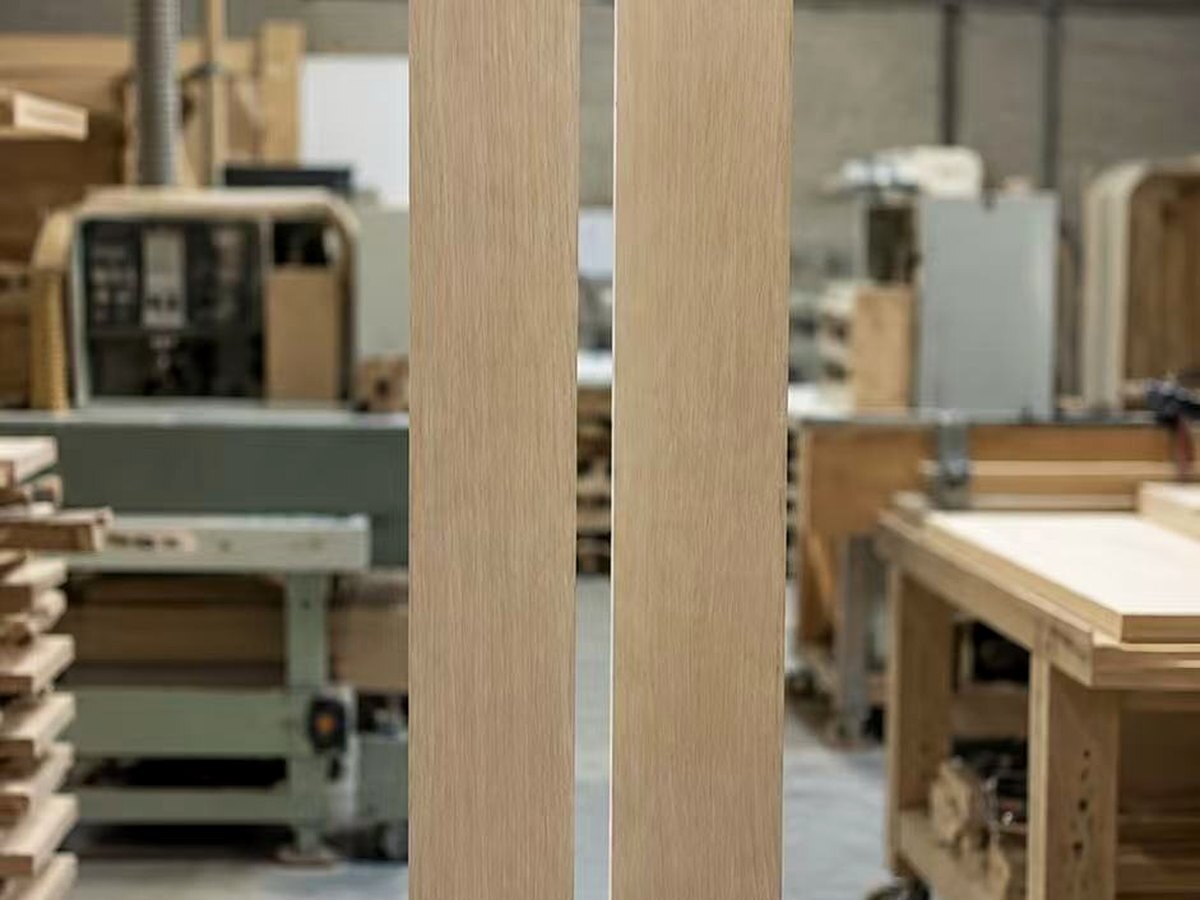 Solid white oak wood strips in the workshop